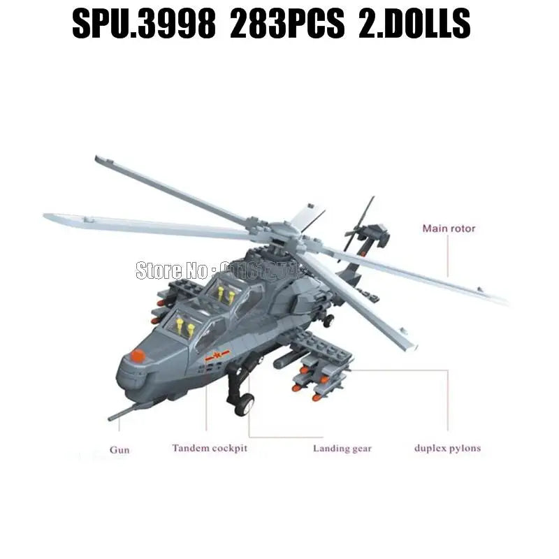 Military Wz-10 Helicopter Gunship Building Blocks Set 283 Pieces Compatible With Lego Includes Two Dolls 1 38 Scale - ToylandEU