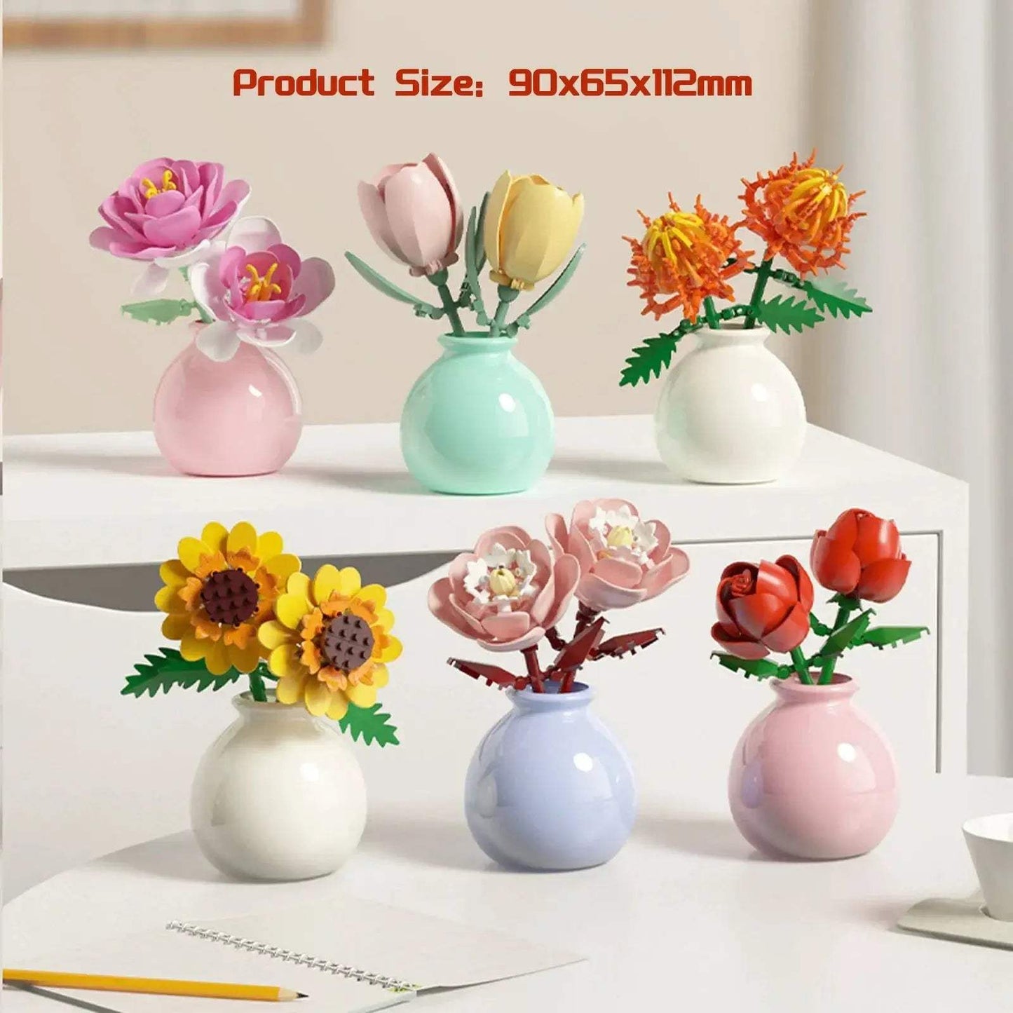 Mini Rose Tulip Sunflower Peony Flower with Vase Model Micro Building Blocks DIY Home Desk Plant Decor Brick Girls Gift Kid Toys - ToylandEU