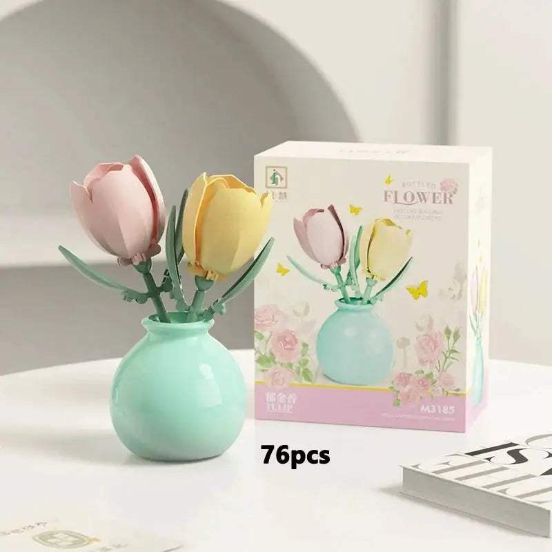 Mini Rose Tulip Sunflower Peony Flower with Vase Model Micro Building Blocks DIY Home Desk Plant Decor Brick Girls Gift Kid Toys - ToylandEU