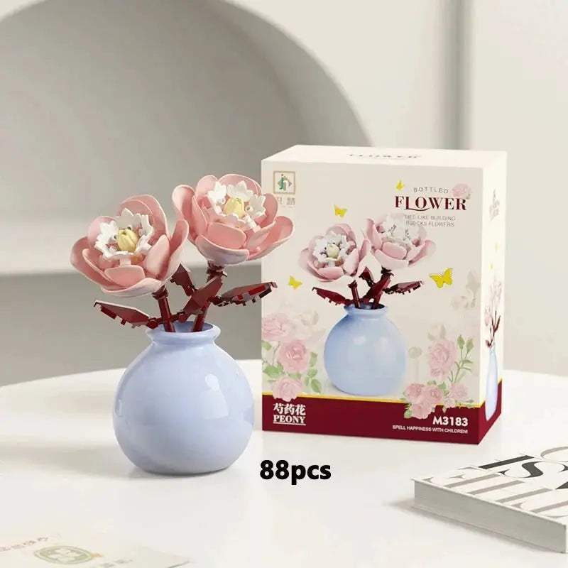 Mini Rose Tulip Sunflower Peony Flower with Vase Model Micro Building Blocks DIY Home Desk Plant Decor Brick Girls Gift Kid Toys - ToylandEU