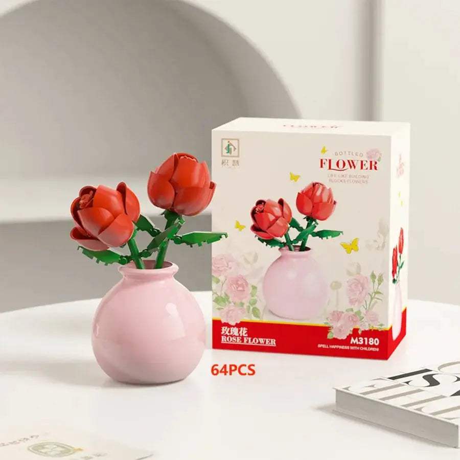 Mini Rose Tulip Sunflower Peony Flower with Vase Model Micro Building Blocks DIY Home Desk Plant Decor Brick Girls Gift Kid Toys - ToylandEU