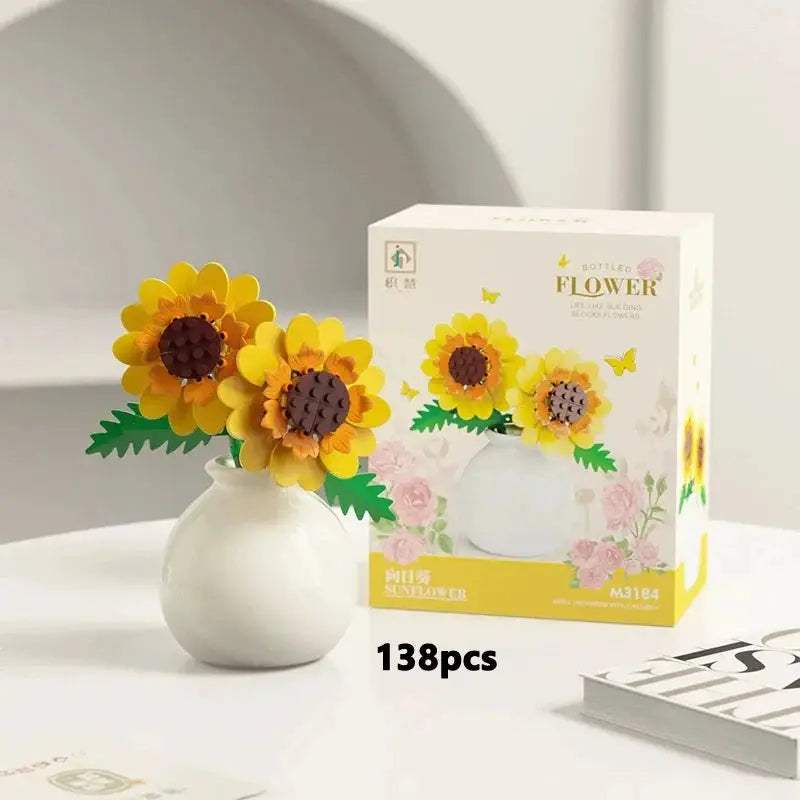 Mini Rose Tulip Sunflower Peony Flower with Vase Model Micro Building Blocks DIY Home Desk Plant Decor Brick Girls Gift Kid Toys - ToylandEU
