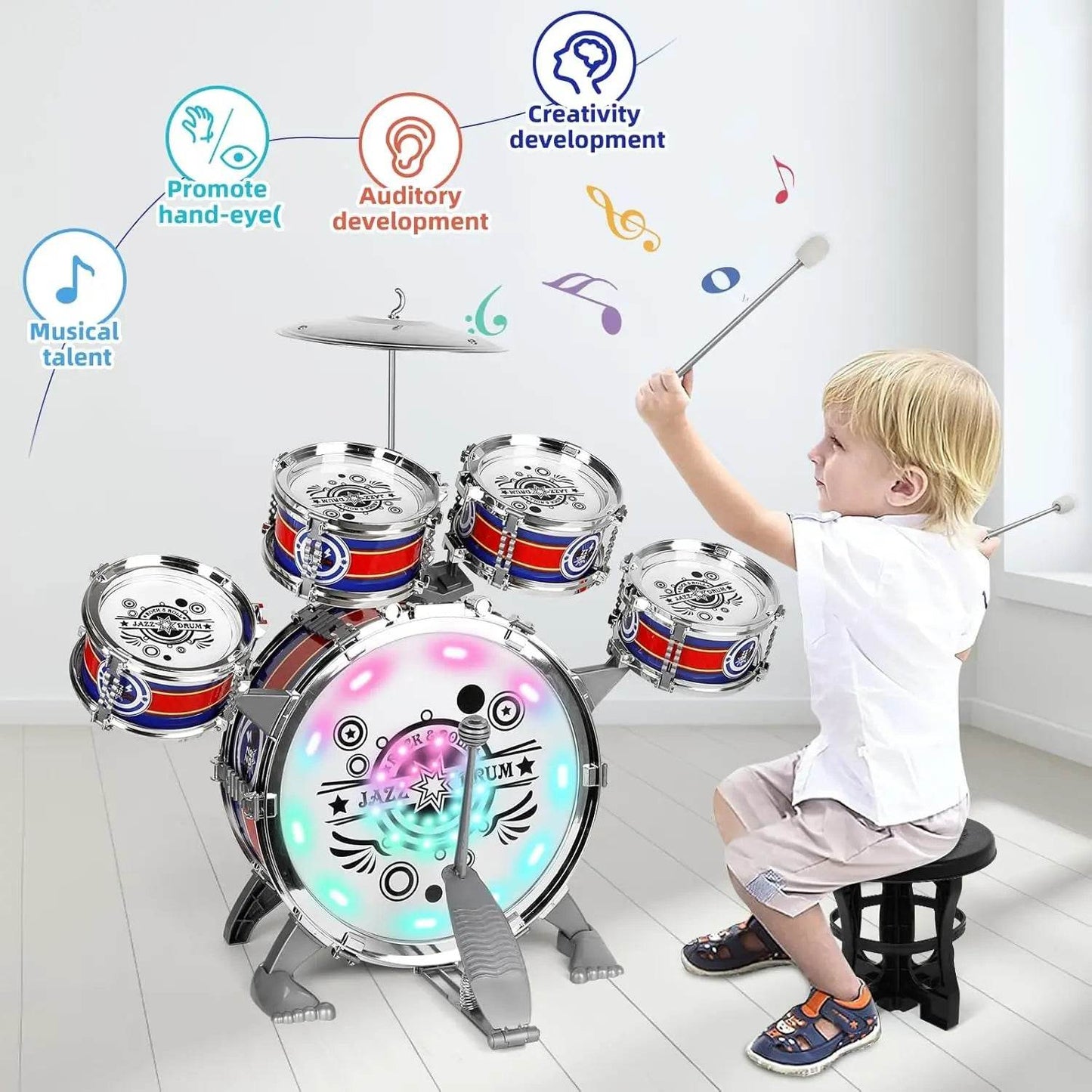 Mini Jazz Drum Set 6 Drums with Stool Musical Instruments Toy - ToylandEU