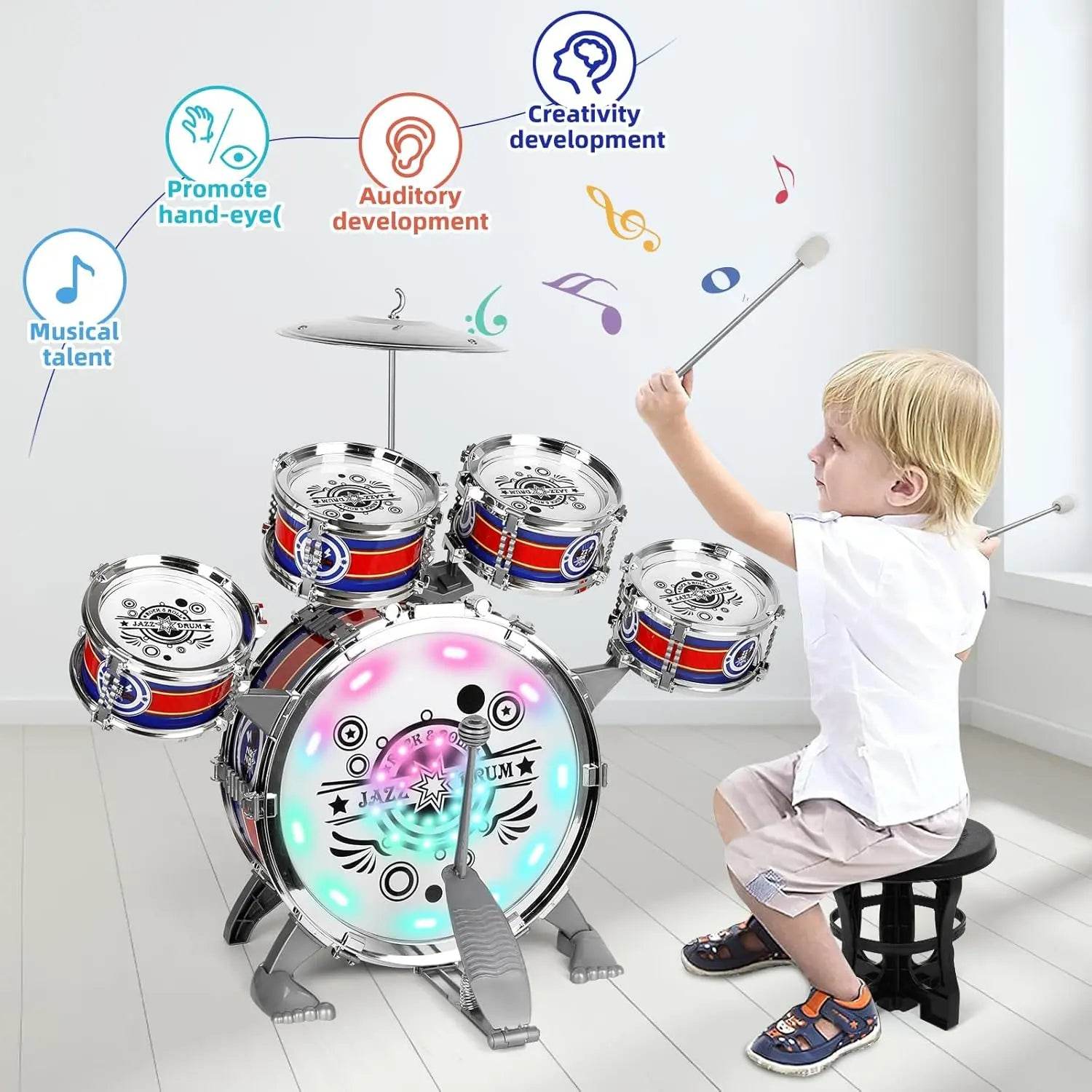 Mini Jazz Drum Set 6 Drums with Stool Musical Instruments Toy - ToylandEU