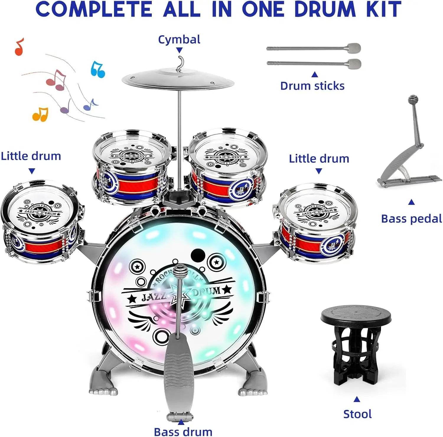 Mini Jazz Drum Set 6 Drums with Stool Musical Instruments Toy - ToylandEU