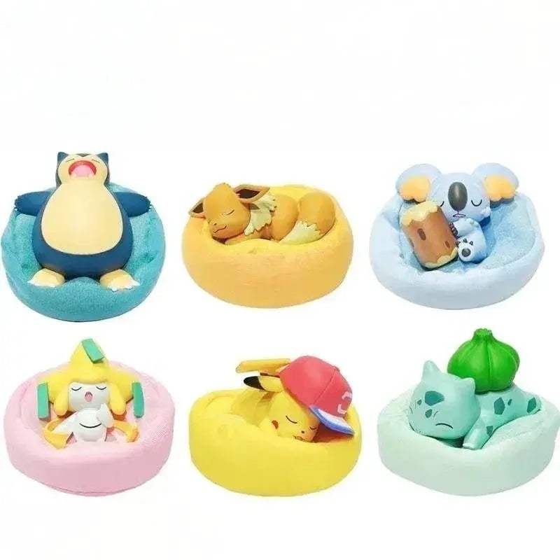Mini Pokemon Anime Figurines, Sleeping Bean Bag Pikachu Bulbasaur Snorlax Evee Jirachi Komala 6pc Figure Set - ToylandEU