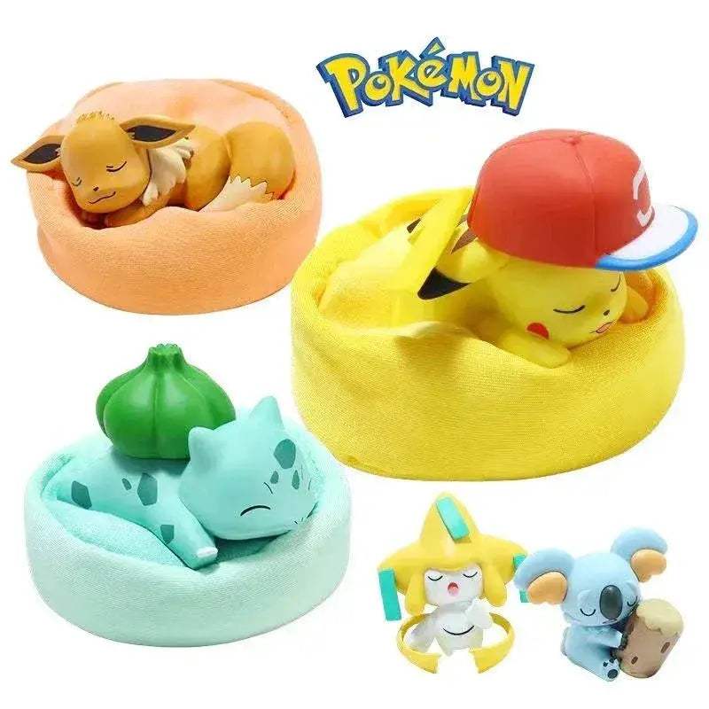 Mini Pokemon Anime Figurines, Sleeping Bean Bag Pikachu Bulbasaur Snorlax Evee Jirachi Komala 6pc Figure Set - ToylandEU