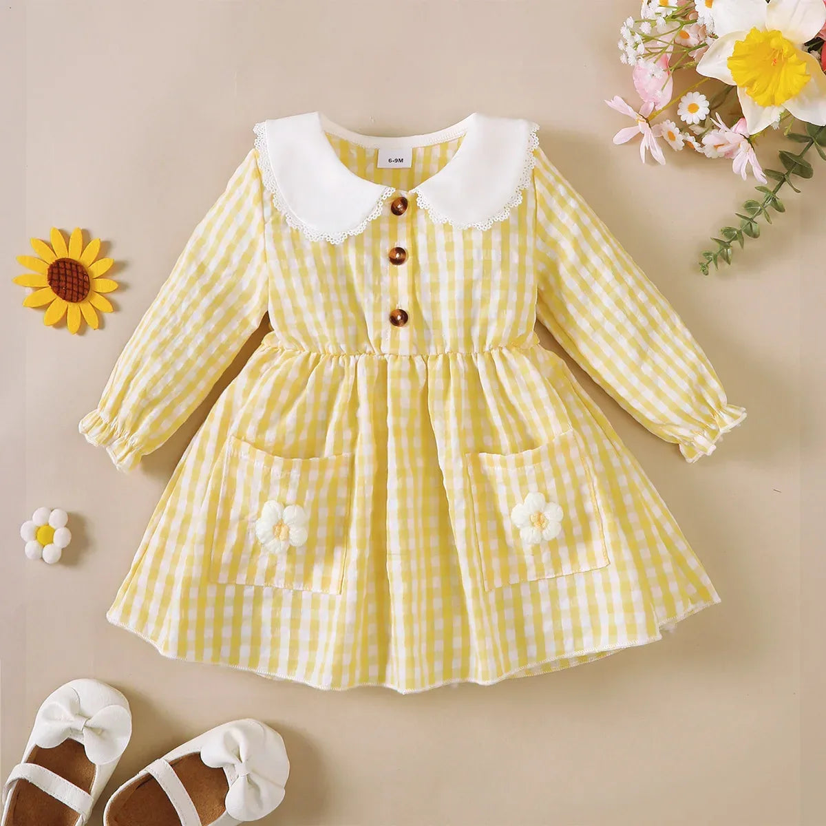 Mioglrie Dress For Toddlers With Lace Border Doll Collar Checkered Yellow - ToylandEU