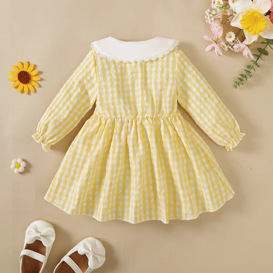 Mioglrie Dress For Toddlers With Lace Border Doll Collar Checkered Yellow - ToylandEU