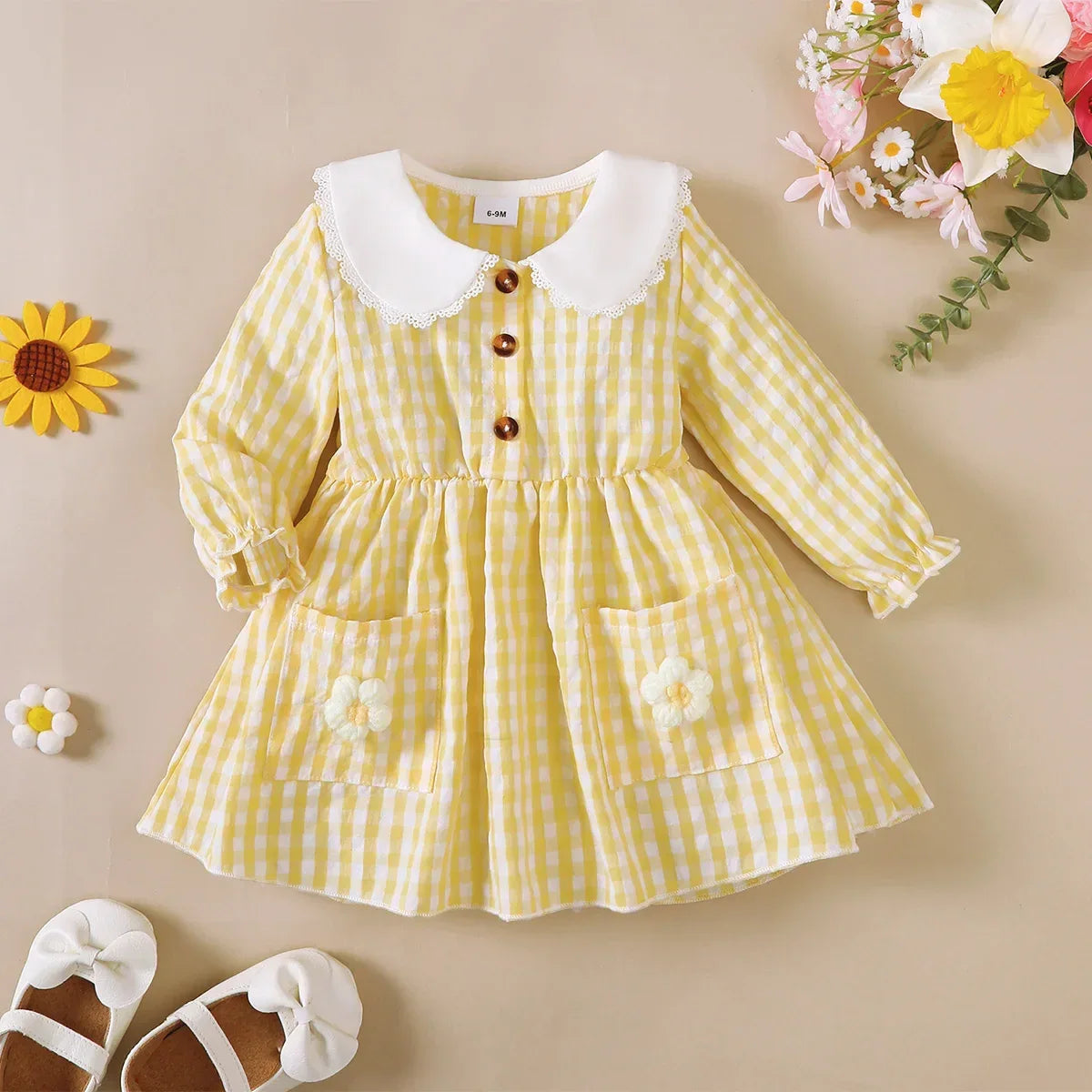 Mioglrie Dress For Toddlers With Lace Border Doll Collar Checkered Yellow - ToylandEU