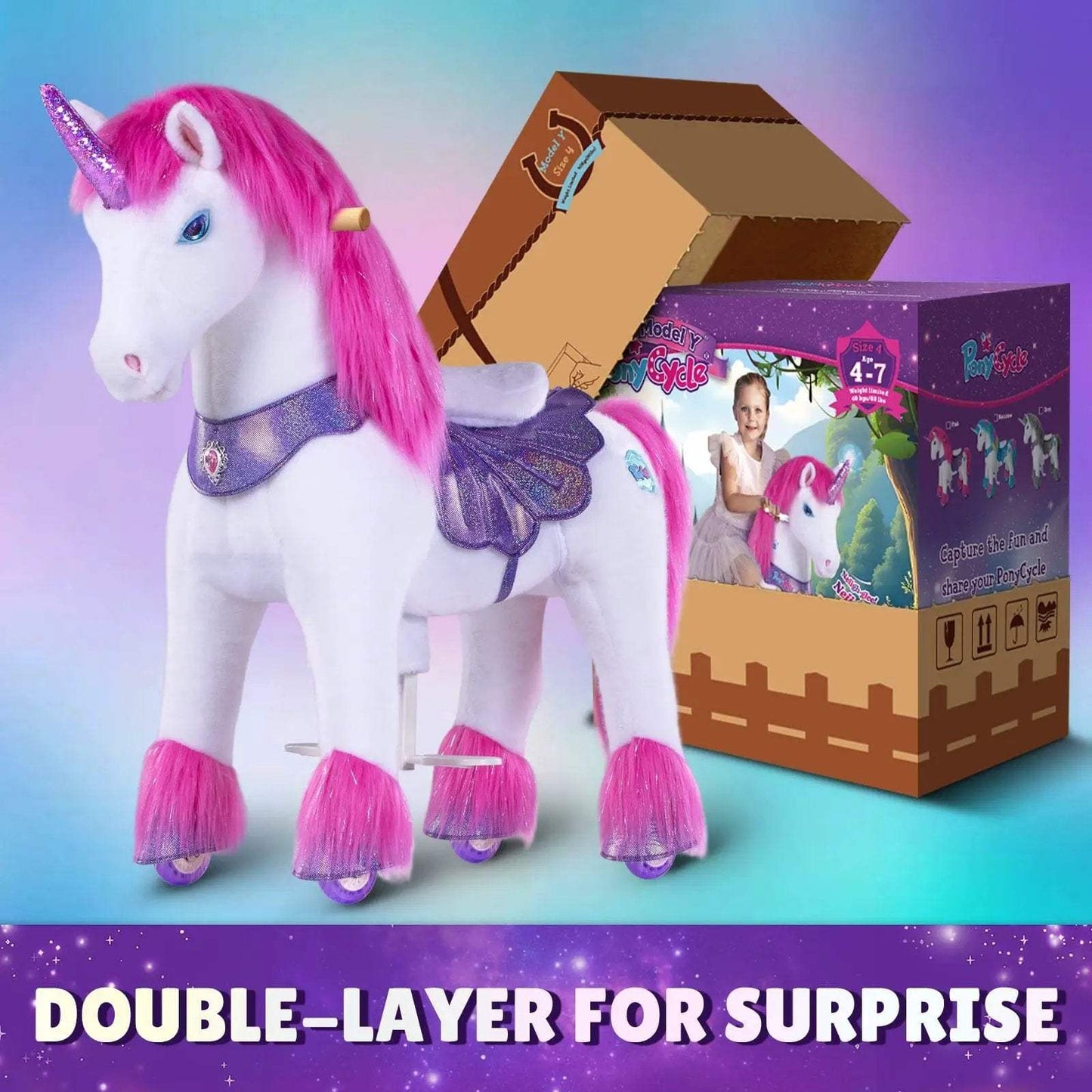 Model Y® Unicorn Ride-On Toy Age 4–7 – Pink/Purple - PonyCycle, Inc.