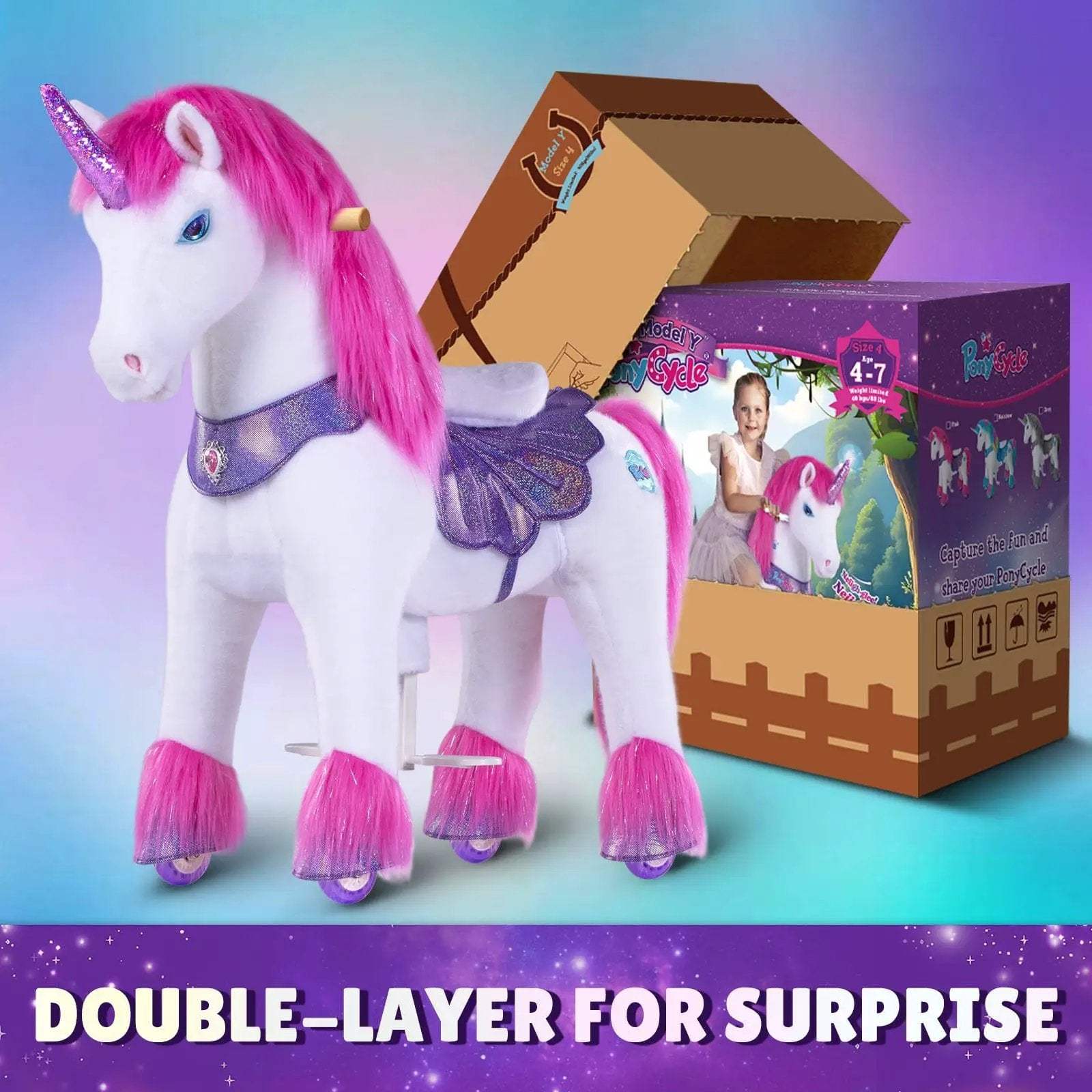 Model Y® Unicorn Ride-On Toy Age 4–7 – Pink/Purple - PonyCycle, Inc.