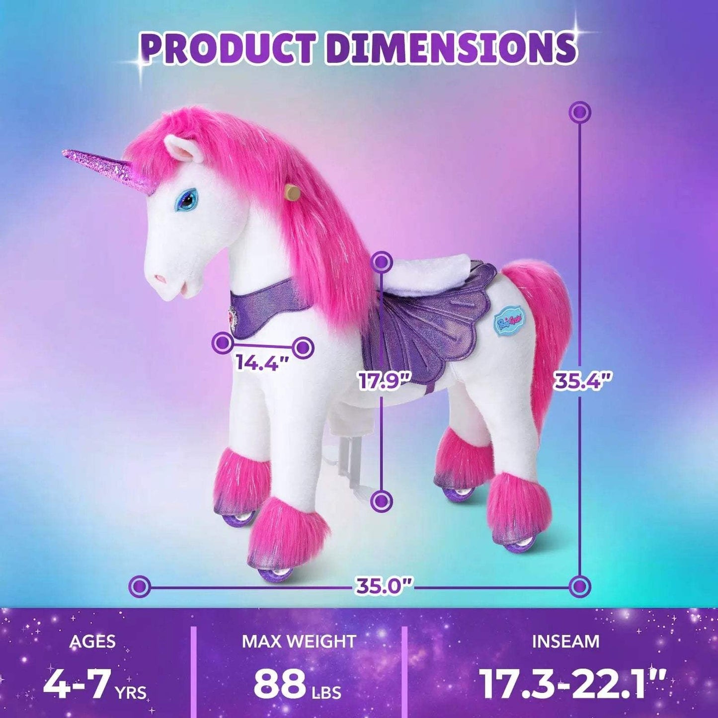 Model Y® Unicorn Ride-On Toy Age 4–7 – Pink/Purple - PonyCycle, Inc.