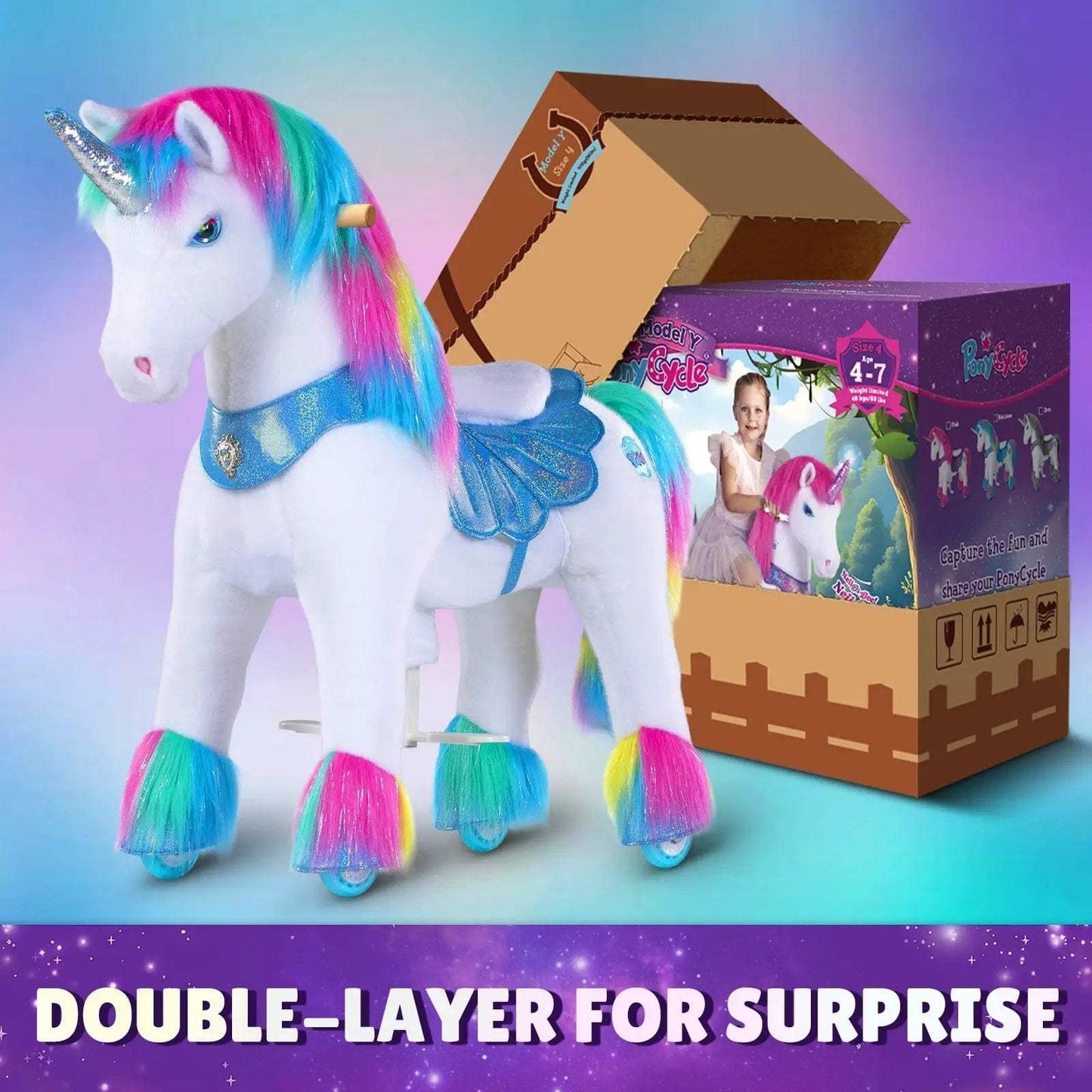 Model Y® Unicorn Ride-On Toy Age 4–7 – Rainbow - PonyCycle, Inc.