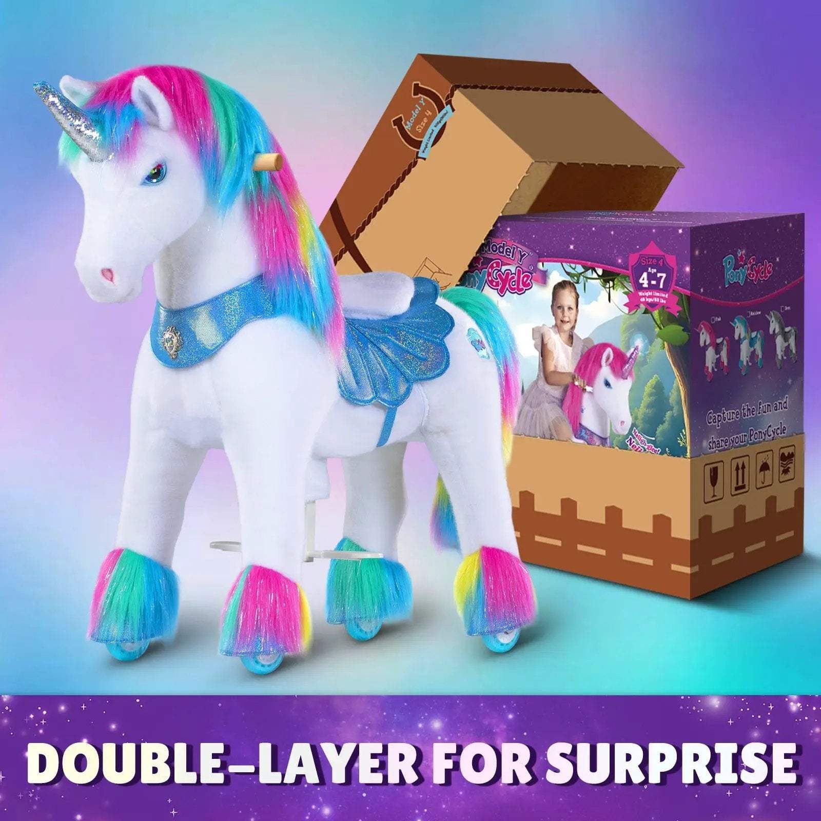 Model Y® Unicorn Ride-On Toy Age 4–7 – Rainbow - PonyCycle, Inc.