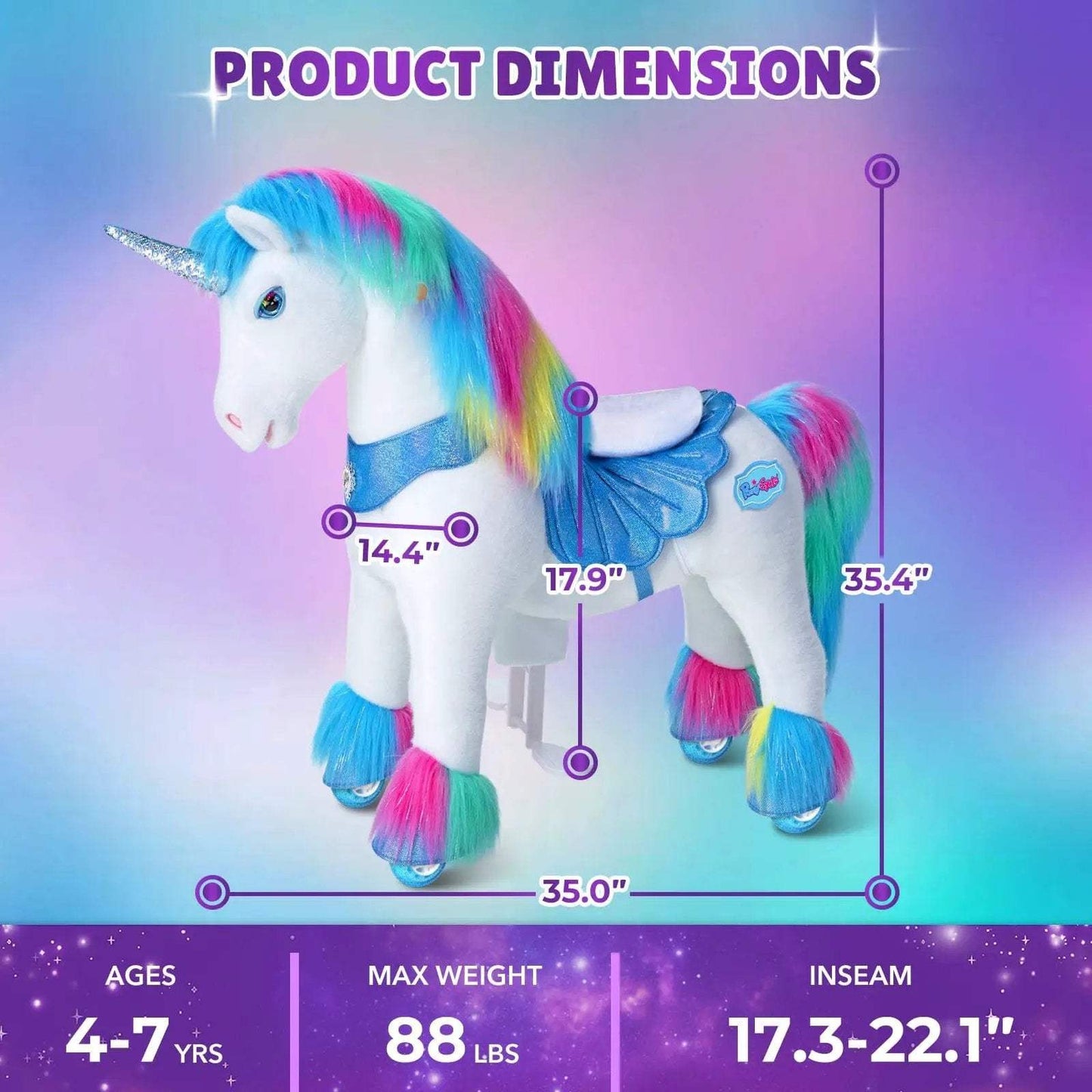 Model Y® Unicorn Ride-On Toy Age 4–7 – Rainbow - PonyCycle, Inc.