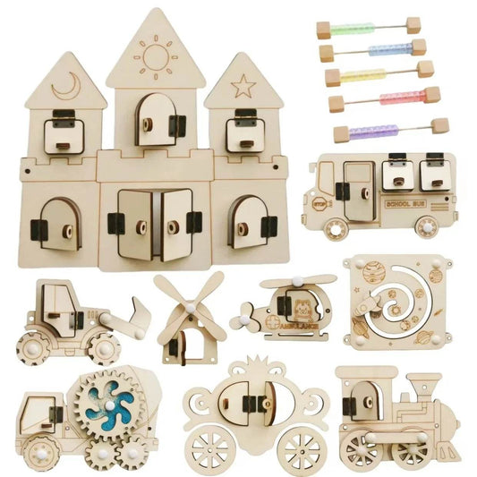 Quadro de atividades Montessori DIY, acessórios de madeira, brinquedo educativo para crianças com castelo, trator, helicóptero e atividades de aprendizagem precoce - ToylandEU