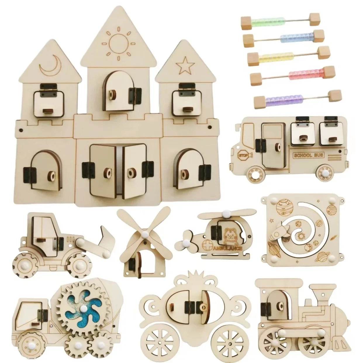 Montessori Busy Board DIY Wooden Accessories Educational Toy for Children with Castle Bulldozer Helicopter and Early Learning Activities - ToylandEU