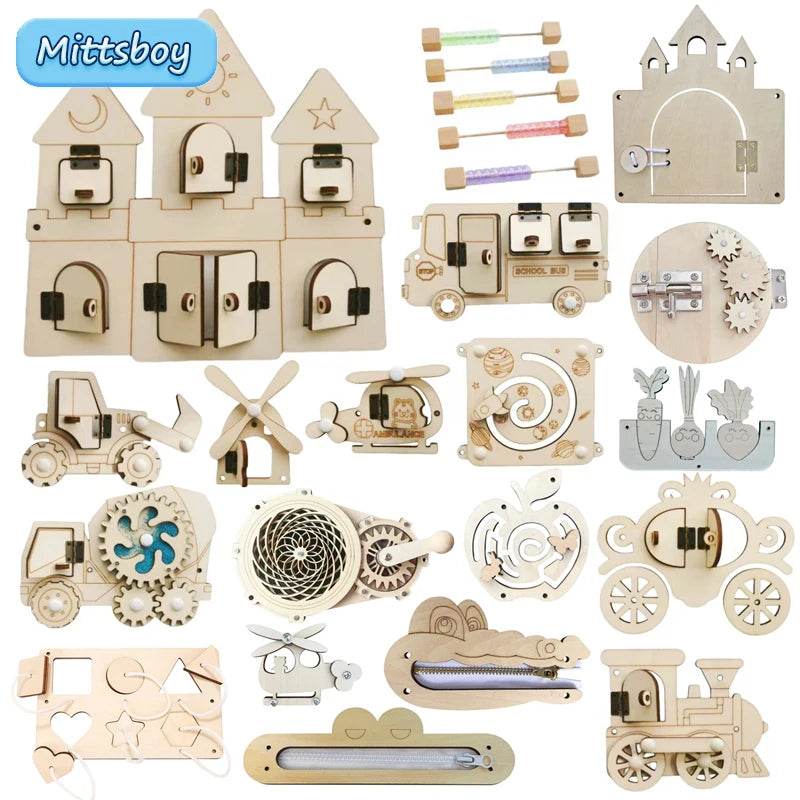 Montessori Busy Board DIY Wooden Accessories Educational Toy for Children with Castle Bulldozer Helicopter and Early Learning Activities - ToylandEU