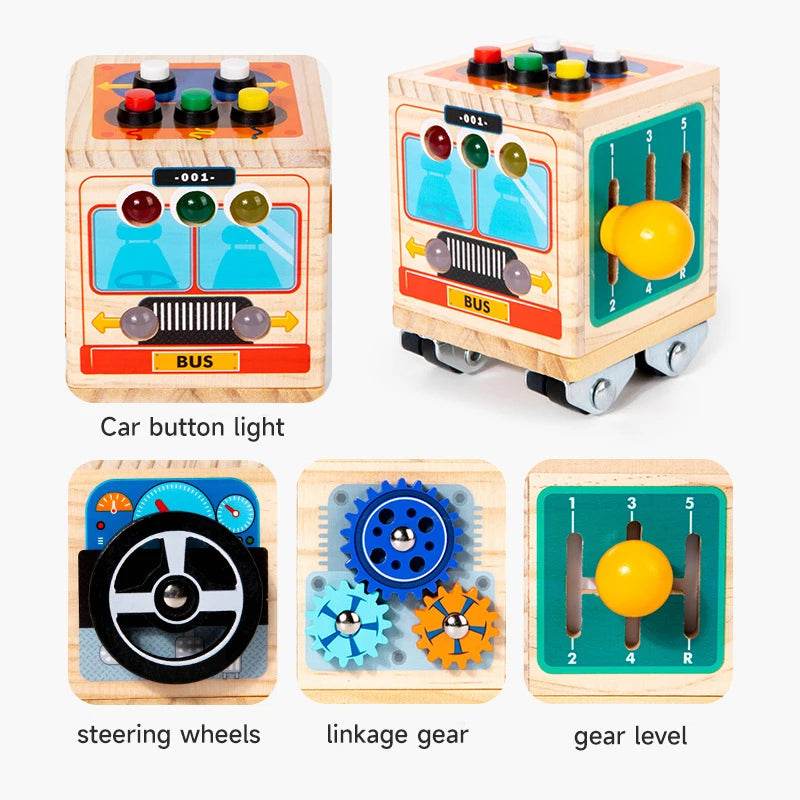 Montessori Busy Board Sensory Toy Polyhedron Busy Bus with LED Light Switch Travel Activities Educational Toy for Children - ToylandEU