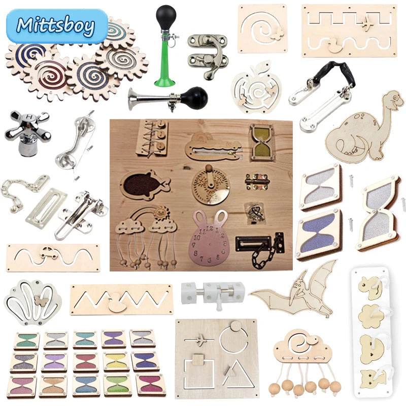 DIY Montessori Busy Board Wooden Toy Accessory Animal Hourglas Alarm Clock Mirror Educational Unlock Sensory Toy - ToylandEU