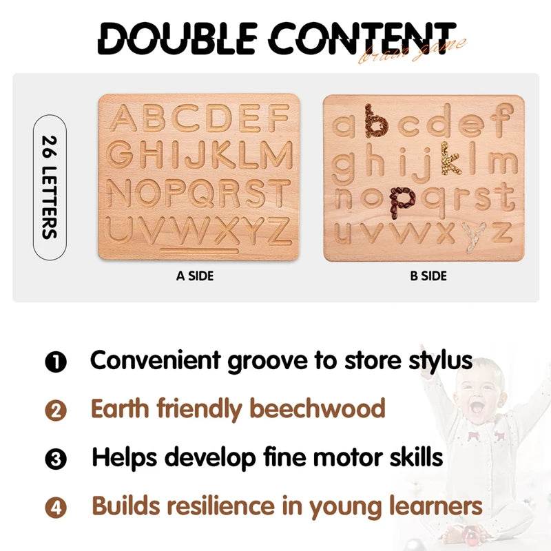 Montessori Language Education Puzzle Toy Double Sided Wooden Alphabet and Numbers Cognitive Writing Board - ToylandEU