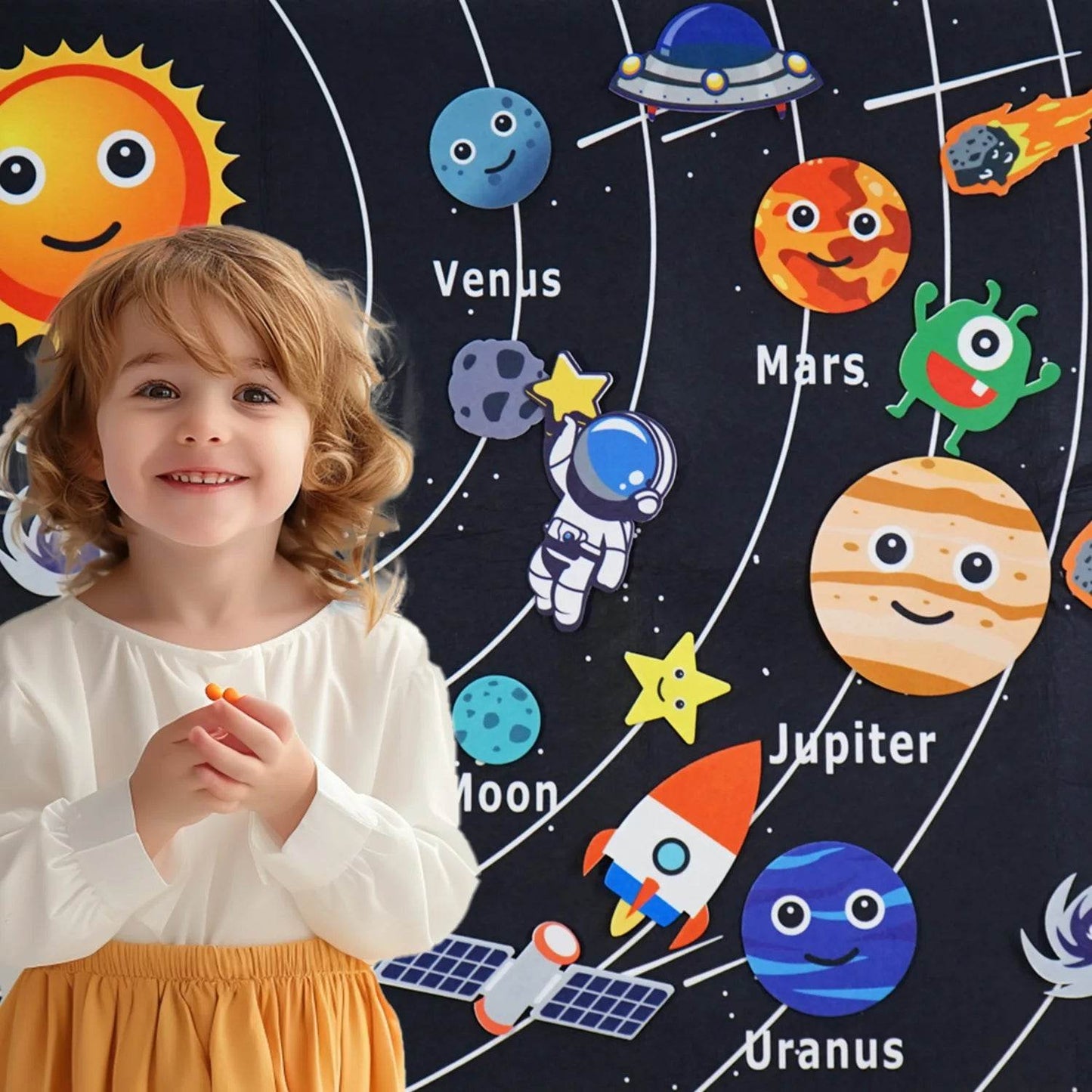 Brinquedo Educativo Espacial Montessori - Quadro de Feltro com Planetas Pendurados e Sistema Solar para Contar Histórias e Aprendizagem STEM - ToylandEU