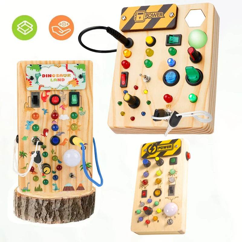 Montessori Toys Wooden Busy Board Switch Toys With Button LED Lights Sensory Travel Toys for Toddler Preschool Learning Activity - ToylandEU