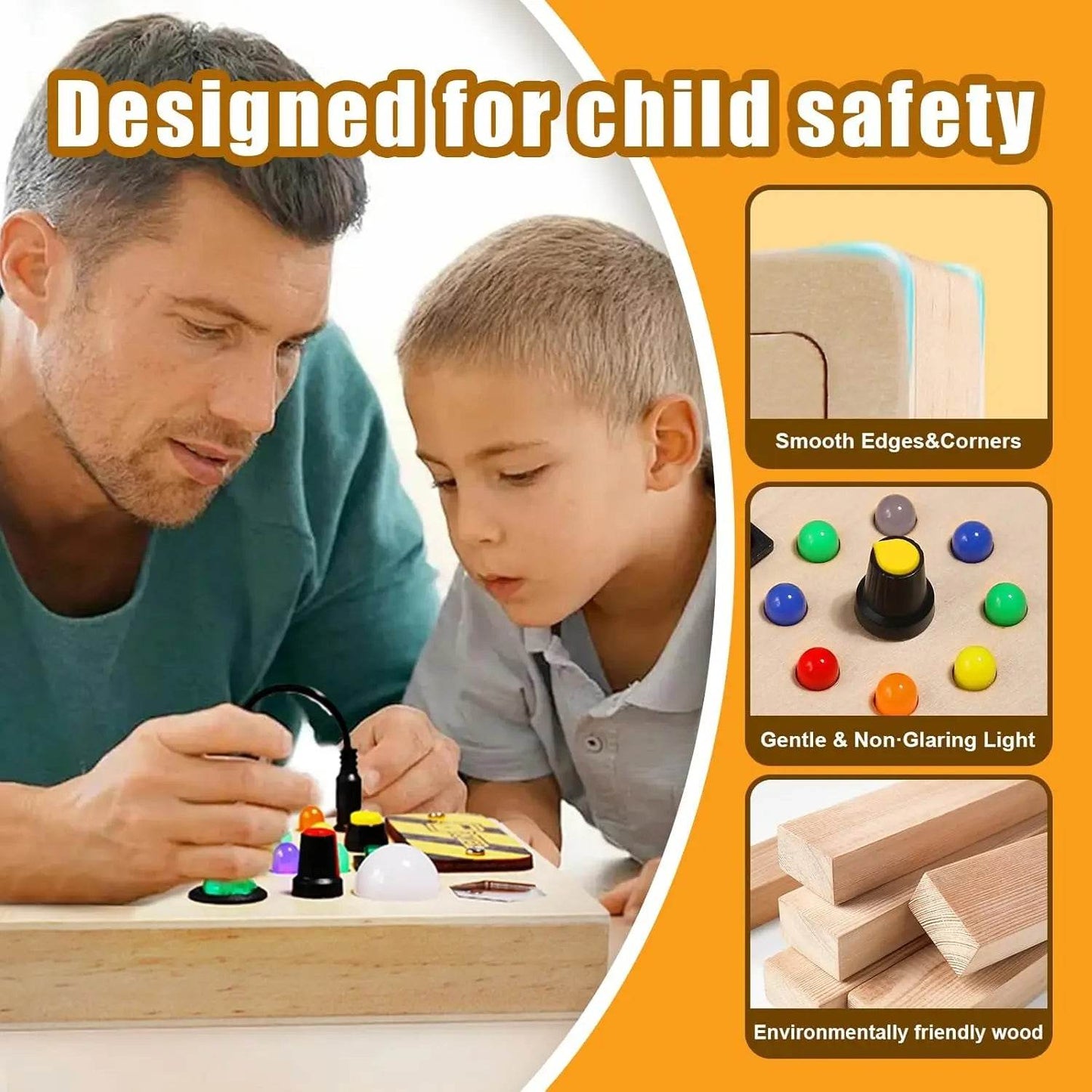 Montessori Toys Wooden Busy Board Switch Toys With Button LED Lights Sensory Travel Toys for Toddler Preschool Learning Activity - ToylandEU