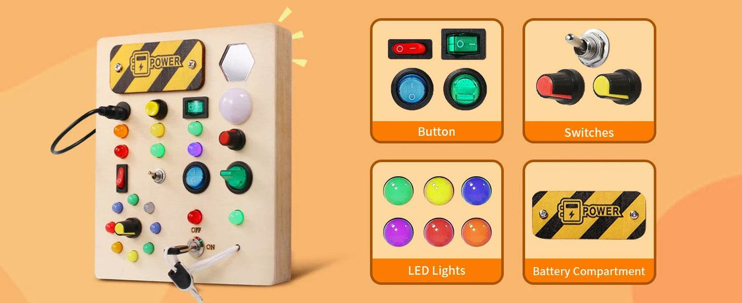 Montessori Toys Wooden Busy Board Switch Toys With Button LED Lights Sensory Travel Toys for Toddler Preschool Learning Activity - ToylandEU