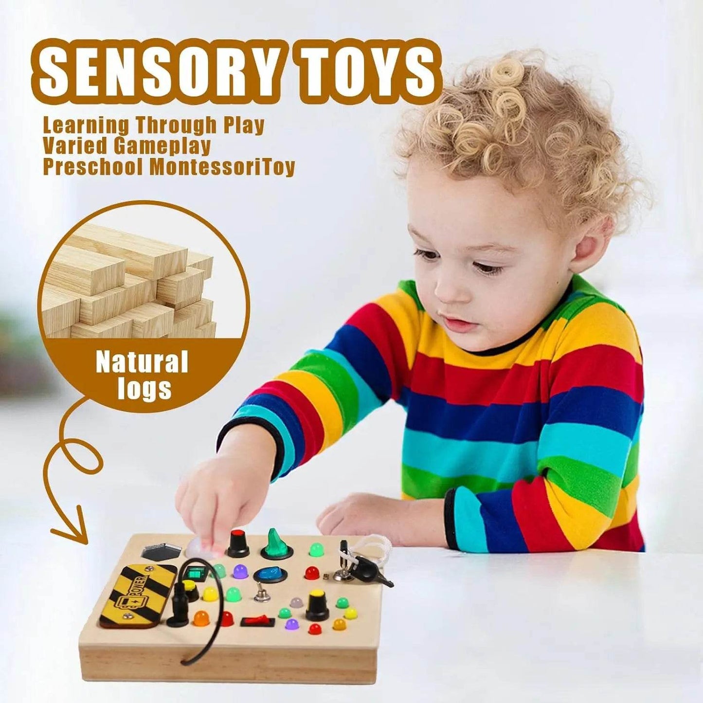 Montessori Toys Wooden Busy Board Switch Toys With Button LED Lights Sensory Travel Toys for Toddler Preschool Learning Activity - ToylandEU