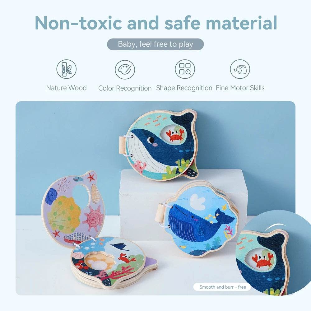 Montessori Baby Wooden Book Early Educational Toys Enlightenment Readings Marine Animals Illustration Cognitive Book for Toddler - ToylandEU
