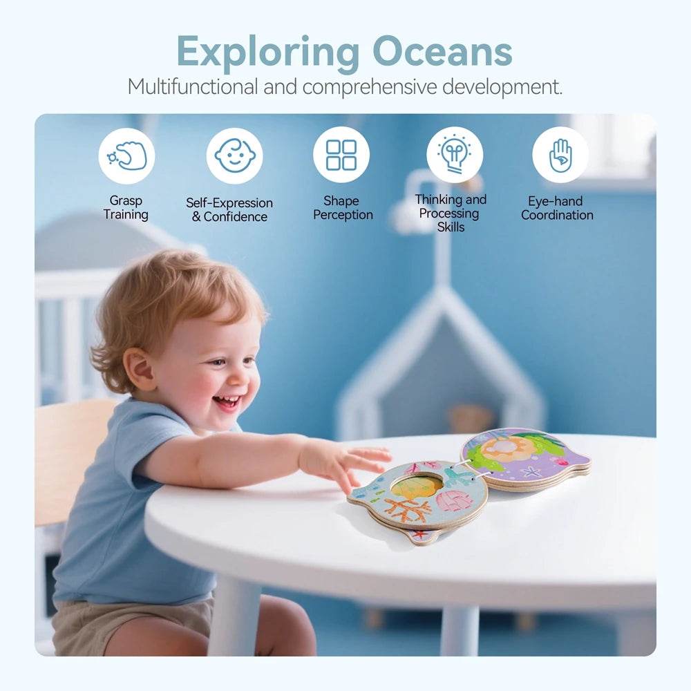Montessori Baby Wooden Book Early Educational Toys Enlightenment Readings Marine Animals Illustration Cognitive Book for Toddler - ToylandEU