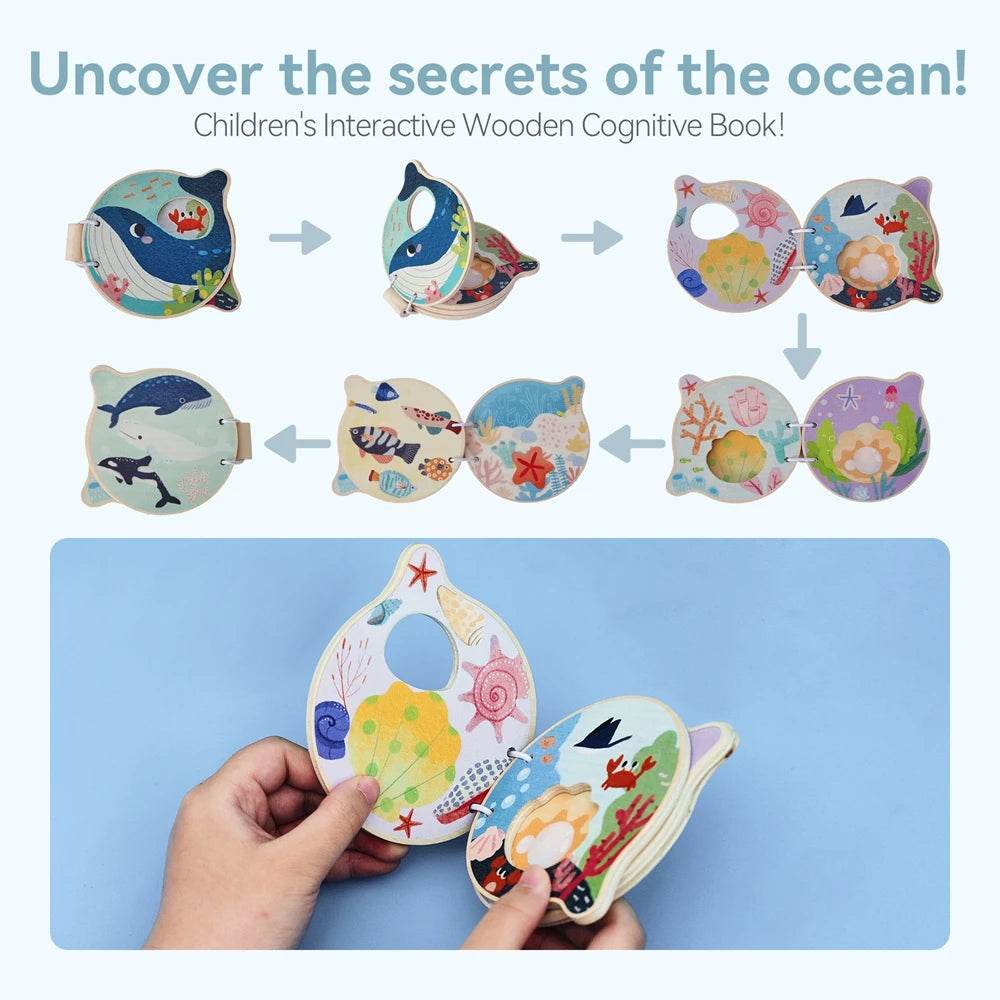 Montessori Baby Wooden Book Early Educational Toys Enlightenment Readings Marine Animals Illustration Cognitive Book for Toddler - ToylandEU