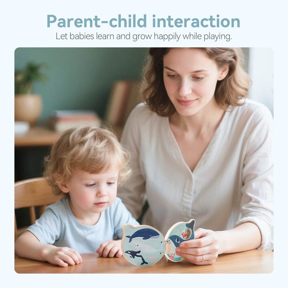 Montessori Baby Wooden Book Early Educational Toys Enlightenment Readings Marine Animals Illustration Cognitive Book for Toddler - ToylandEU