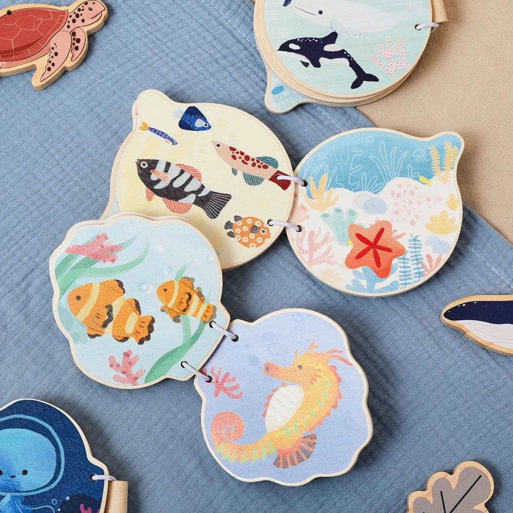 Montessori Baby Wooden Book Early Educational Toys Enlightenment Readings Marine Animals Illustration Cognitive Book for Toddler - ToylandEU