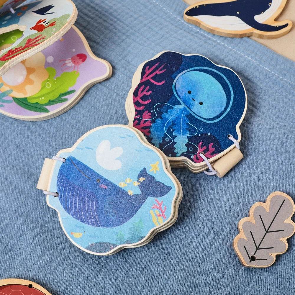 Montessori Baby Wooden Book Early Educational Toys Enlightenment Readings Marine Animals Illustration Cognitive Book for Toddler - ToylandEU