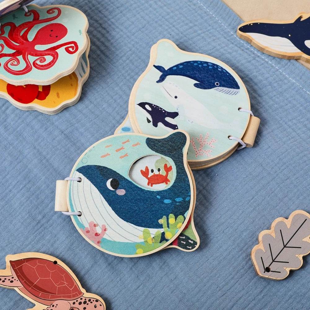 Montessori Baby Wooden Book Early Educational Toys Enlightenment Readings Marine Animals Illustration Cognitive Book for Toddler - ToylandEU
