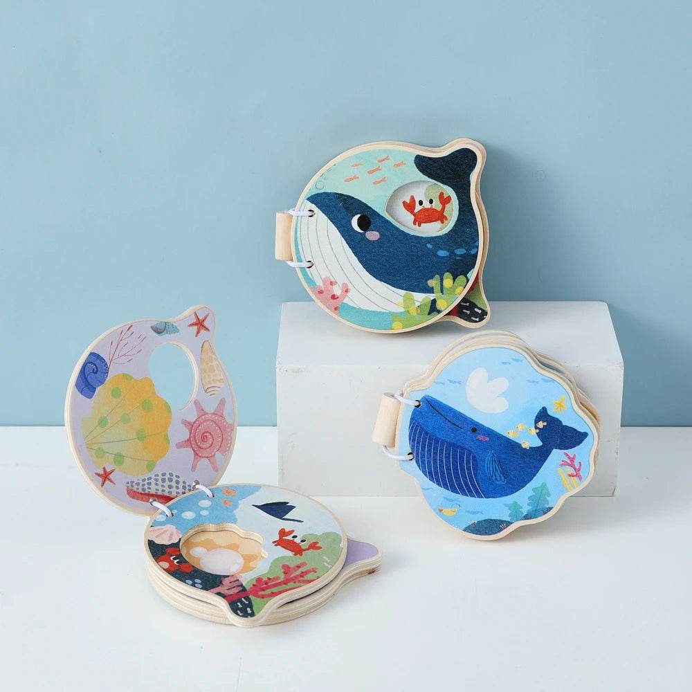 Montessori Baby Wooden Book Early Educational Toys Enlightenment Readings Marine Animals Illustration Cognitive Book for Toddler - ToylandEU