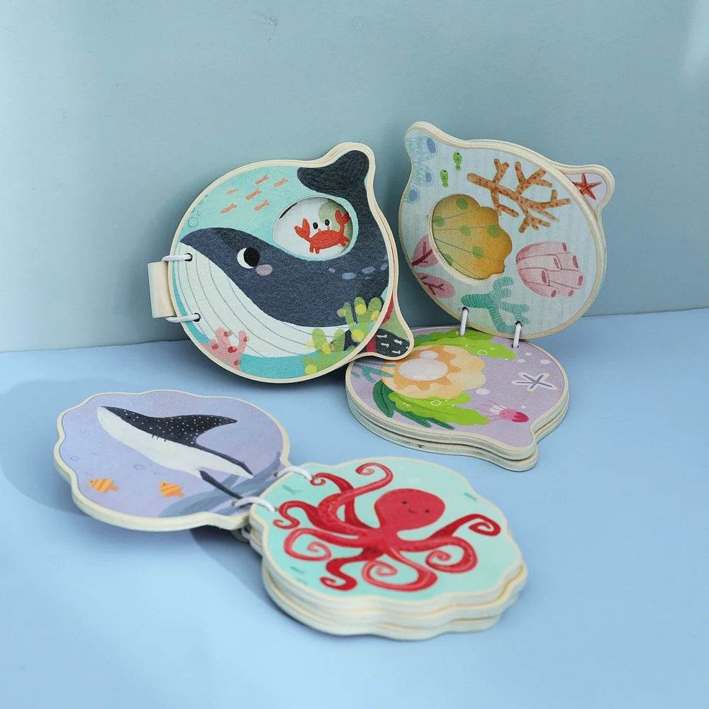 Montessori Baby Wooden Book Early Educational Toys Enlightenment Readings Marine Animals Illustration Cognitive Book for Toddler - ToylandEU