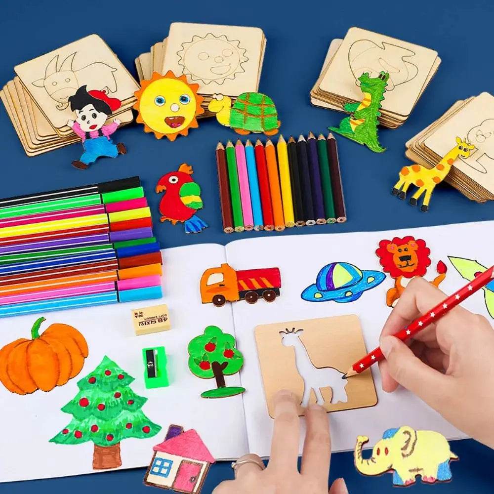 20pcs Montessori Kids Drawing Toys Wooden DIY Painting Stencils Educational Puzzle Craft Gifts - ToylandEU