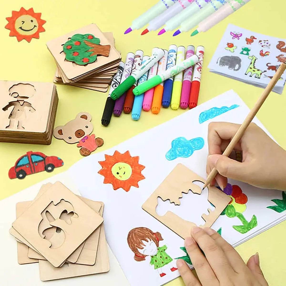 20pcs Montessori Kids Drawing Toys Wooden DIY Painting Stencils Educational Puzzle Craft Gifts - ToylandEU