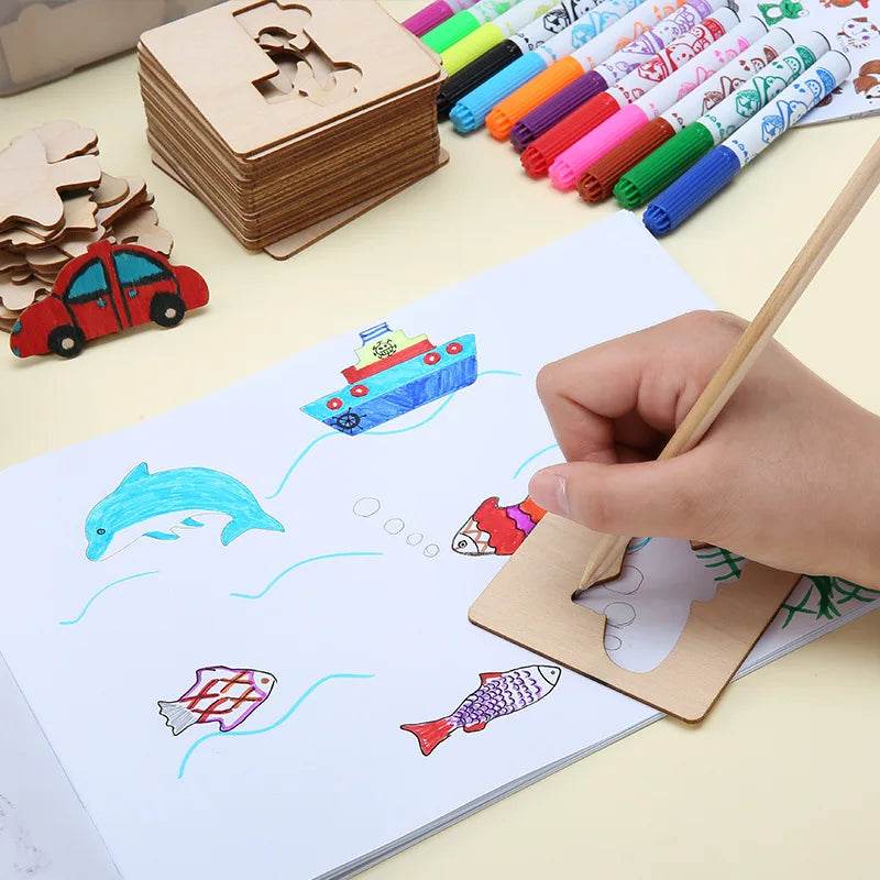 20pcs Montessori Kids Drawing Toys Wooden DIY Painting Stencils Educational Puzzle Craft Gifts - ToylandEU