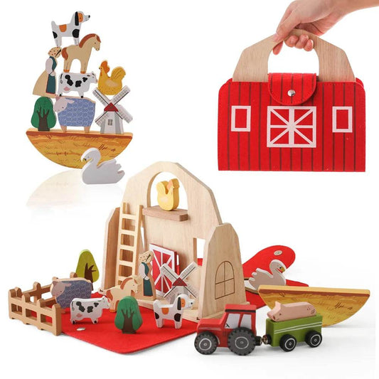 Wooden Montessori Farm House Playset with Animals for Kids - ToylandEU