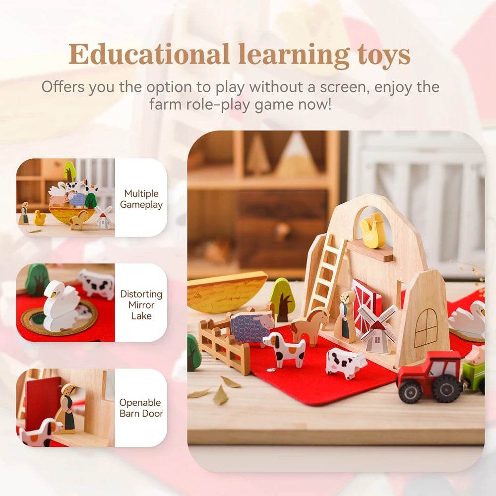 Wooden Montessori Farm House Playset with Animals for Kids - ToylandEU