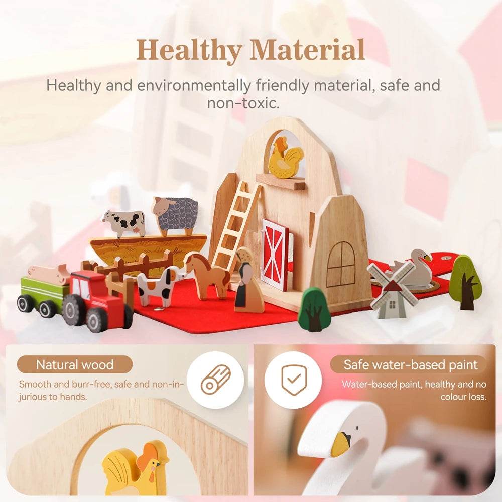 Wooden Montessori Farm House Playset with Animals for Kids - ToylandEU
