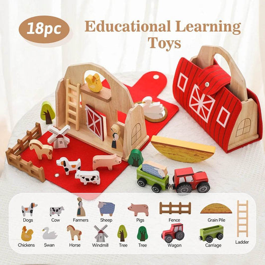 Wooden Montessori Farm House Playset with Animals for Kids - ToylandEU