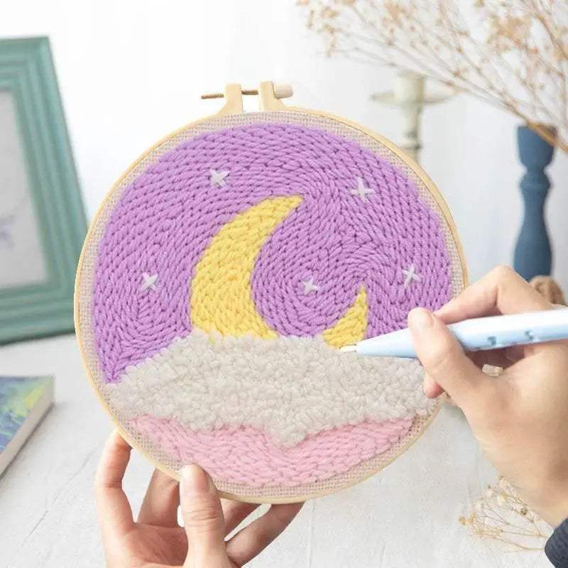 Moonlit Scenery Punch Needle Embroidery Craft Kit - DIY Rug Hooking Set with Threader, Fabric, and Wool Yarn - ToylandEU