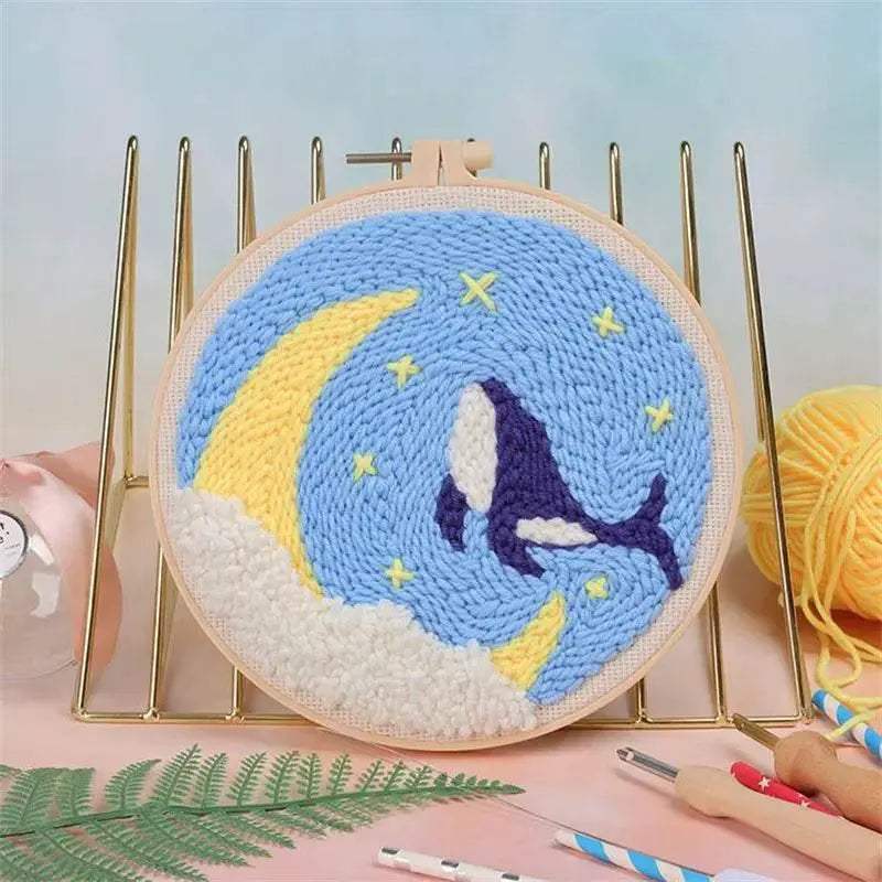 Moonlit Scenery Punch Needle Embroidery Craft Kit - DIY Rug Hooking Set with Threader, Fabric, and Wool Yarn - ToylandEU