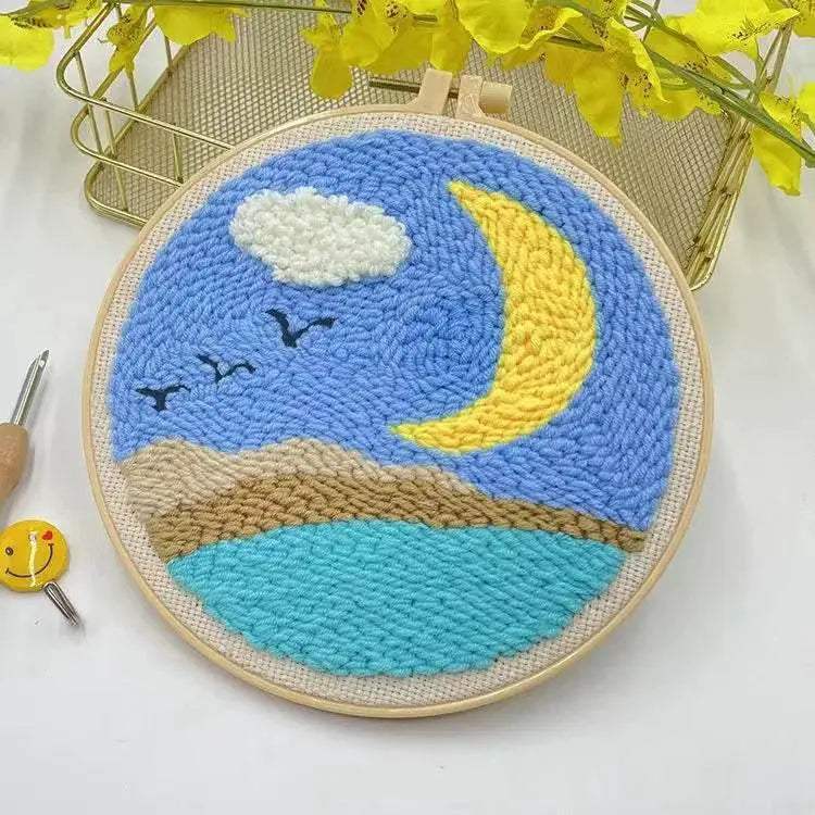 Moonlit Scenery Punch Needle Embroidery Craft Kit - DIY Rug Hooking Set with Threader, Fabric, and Wool Yarn - ToylandEU
